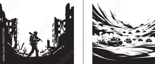 High-contrast vector illustration featuring a lone soldier walking through urban ruins on the left and a heavy tank division advancing through a desolate landscape on the right.