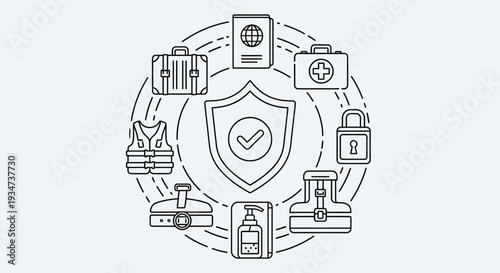 Travel safety concept, protection elements and shield icon