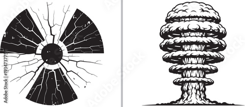Black and white vector graphic featuring a weathered, cracked radiation symbol on the left and a detailed line art illustration of a towering nuclear mushroom cloud on the right.