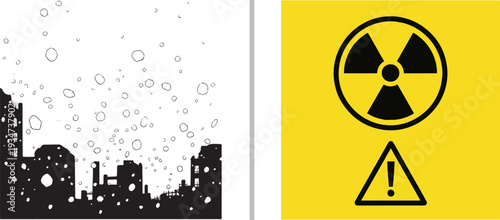 A vector graphic featuring a silhouette of a destroyed cityscape under a falling ash or debris field on the left and a yellow radiation warning sign with a trefoil symbol on the right.