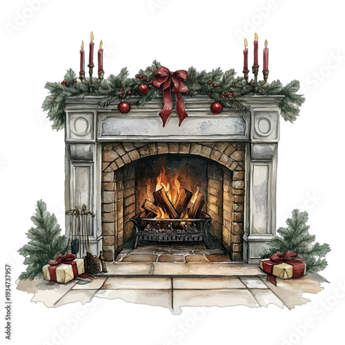 Watercolor Christmas Fireplace with Burning Logs Garland and Candles