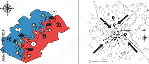 Vector graphic featuring two military strategy maps: on the left, a blue and red colored battle map with unit icons, and on the right, a topographical line drawing with tactical movement arrows.