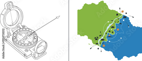 A technical line art vector featuring a professional lensatic compass with a sighting wire and a colorful topographical map indicating terrain and water. Ideal for navigation and hiking themes.