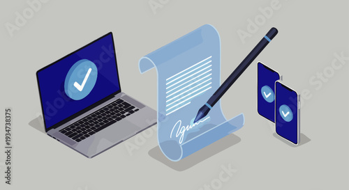 Digital contract signing with laptop, smartphone, and pen on a light gray background, concept of online agreement