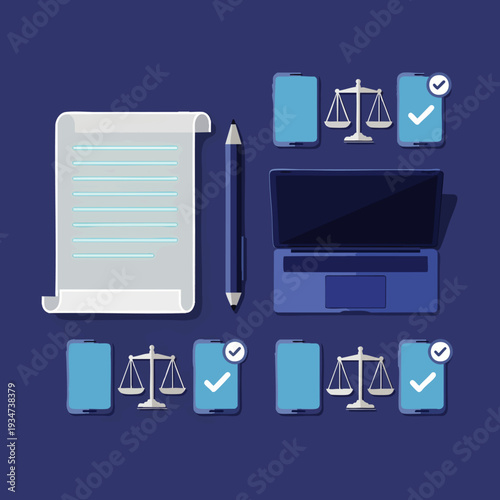 Digital legal documents and online justice concept with scales of justice and smartphones