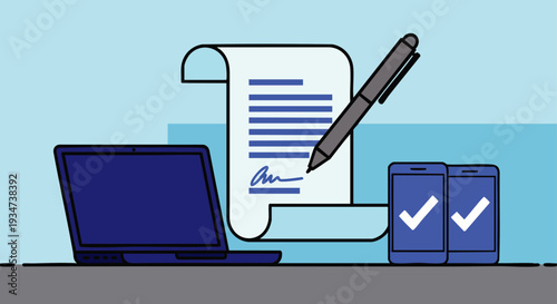 Digital contract signing with laptop, pen, and mobile phones, modern business agreement concept