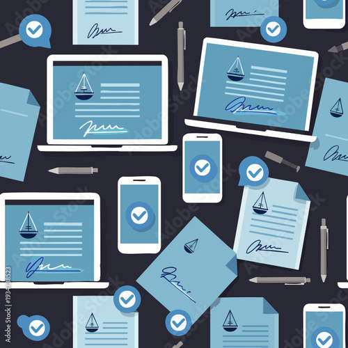 Digital contract and signature on laptop, tablet, and smartphone screens, seamless pattern