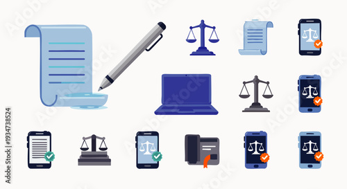 Legal icons set: contract, scales of justice, laptop, smartphone, pen, credit card, law, justice, documents