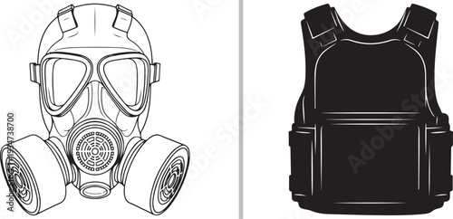 A bold vector illustration featuring a professional dual-filter gas mask and a black tactical body armor vest. Ideal for themes of personal protection, security, and military defense.