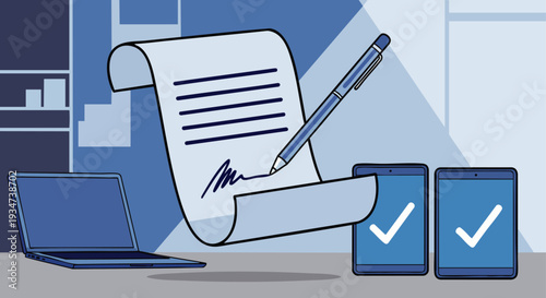 Business contract signing with digital signatures on devices and laptop, symbolizing modern agreement and approval.