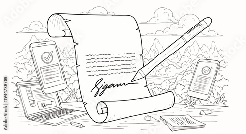 Digital Signature on Scroll with Smartphone, Laptop, and Pen in Mountain Landscape