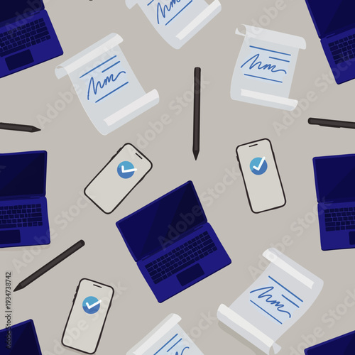 Seamless pattern of digital signature, laptop, smartphone, and stylus on a neutral background
