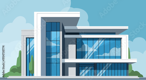 Modern house with large glass windows.