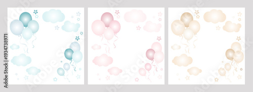 Balloons with clouds and stars in blue, pink and beige or neutral colors. Baby illustration in pastel pink, blue end beige colors. Cute drawing template for newborn shower, kid birthday, gender party.