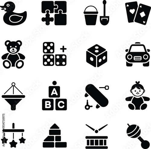 Kids toys and baby items icon set, black silhouette nursery play objects vector collection isolated