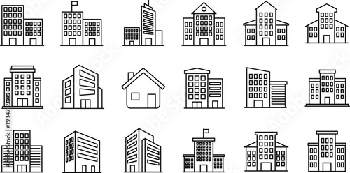 Modern city buildings outline icon set, urban architecture office apartment house vector collection