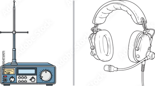A technical vector illustration featuring a modern blue shortwave radio base station with a cross-element antenna and a matching professional aviation headset with a boom microphone.