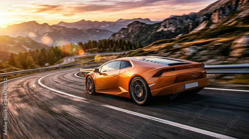 Fototapeta premium Orange sports car driving fast on mountain road