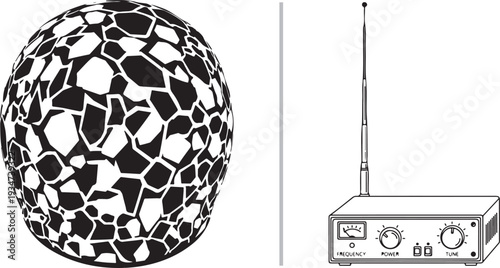 Black and white vector art featuring a textured, mosaic-style spherical object alongside a vintage radio transmitter with an antenna. Ideal for technology and abstract design themes.
