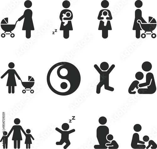 Mother and baby silhouette icons set, parenting family care symbols with stroller breastfeeding child activities vector collection