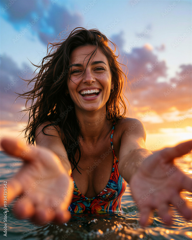 Fototapeta premium Woman with long brown hair in multicolored swimsuit standing in ocean water with sunset and sky in vibrant colors background, smiling.