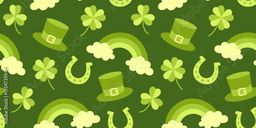 Seamless green pattern with shamrock, rainbow, horseshoe and leprechaun hat. Irish lucky symbols background for StPatrick holiday, card, wallpaper, festive print, fabric, textile design. Flat vector.