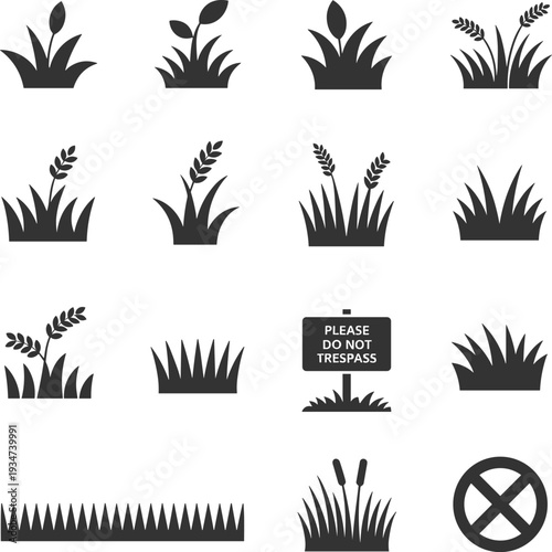 Set of grass and plant silhouette icons, including wheat reeds spikes and warning sign vector illustration collection isolated black