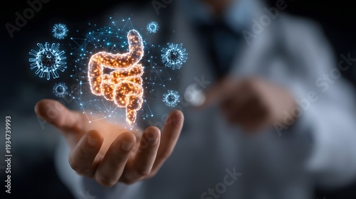 A doctor holds a glowing human intestine with surrounding viruses