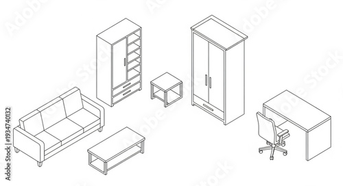 Collection of furniture items in a simple line drawing style.