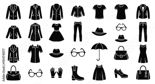 Collection of Fashion Clothing and Accessories Icons.