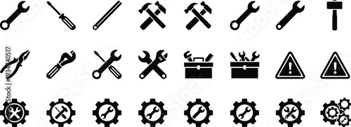 Tools and repair icon set, wrench hammer screwdriver gear silhouette vector collection