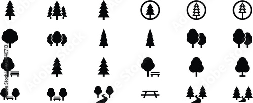 Tree and forest icon set, park pine deciduous silhouette vector collection