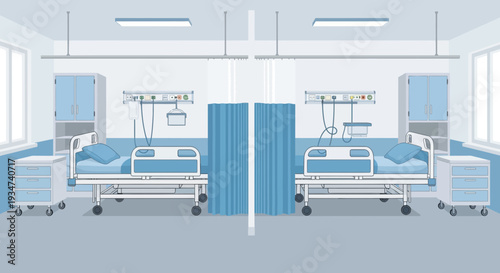 Hospital Room Depiction Illustrating Modern Healthcare Environment In Clean Blue Tones