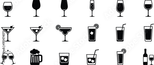 Wine and cocktail glass icon set, alcohol beverage silhouette vector collection