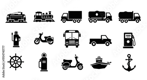 Collection of transportation and vehicle icons.