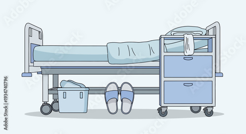 Hospital Room Depiction Illustrating Patient Bed, Medical Equipment, and Comfortable Slippers