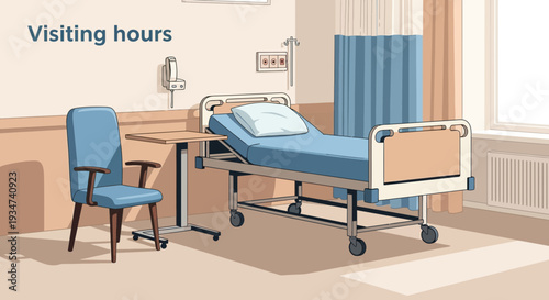 Hospital Room Depiction Illustrating Patient Care And Visiting Hours With Simple Design