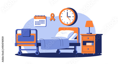 Hospital Room Depiction Illustrating Patient Care, Time, Calendar, and Medical Symbols