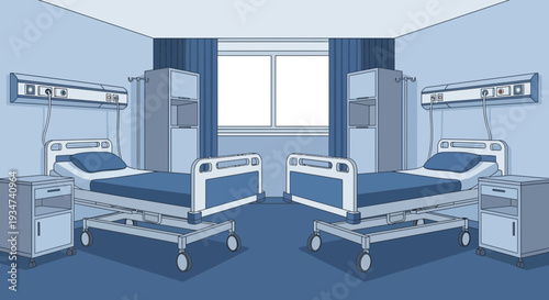 Hospital Room Depiction Illustrating Twin Beds And Medical Infrastructure Elements