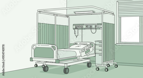 Hospital Room Depiction Illustration Featuring Medical Bed, Curtains, and Essential Equipment