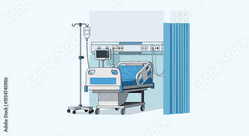 Hospital Room Depiction Illustration Featuring Medical Bed, Drip, and Monitor Equipment