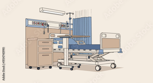 Hospital Room Depiction Illustration Featuring Medical Bed, Curtains, and Essential Equipment