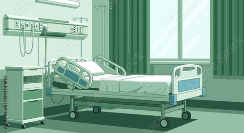 Hospital Room Depiction Illustration Featuring Empty Bed And Medical Equipment