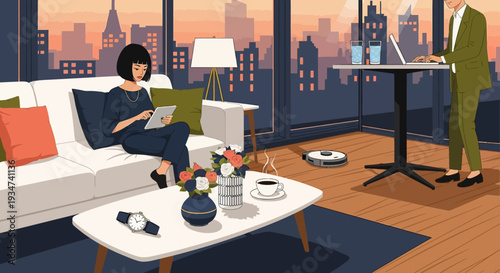 Woman sitting on white couch reading.