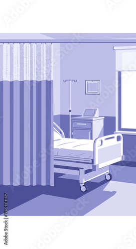 Hospital Room Depiction: Illustrative View of a Patient Bed, Curtain, and Medical Equipment Setup