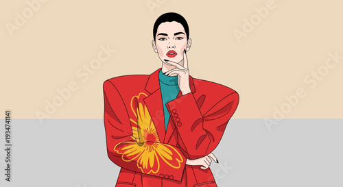 Woman Wearing Red Blazer Thinking.