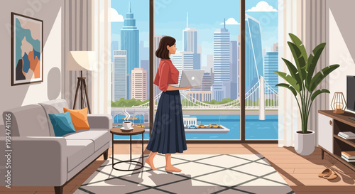 Woman standing in living room looking outside.