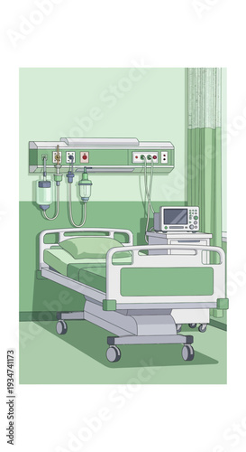 Hospital Room Depiction: Medical Bed, Monitoring Devices, Clean Environment, Patient Care