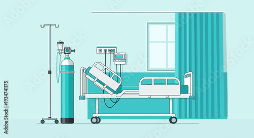 Hospital Room Depiction: Medical Bed, Oxygen Tank, and Diagnostic Equipment Illustration