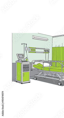 Hospital Room Depiction: Medical Equipment and Bed in Bright, Clean Illustration Style